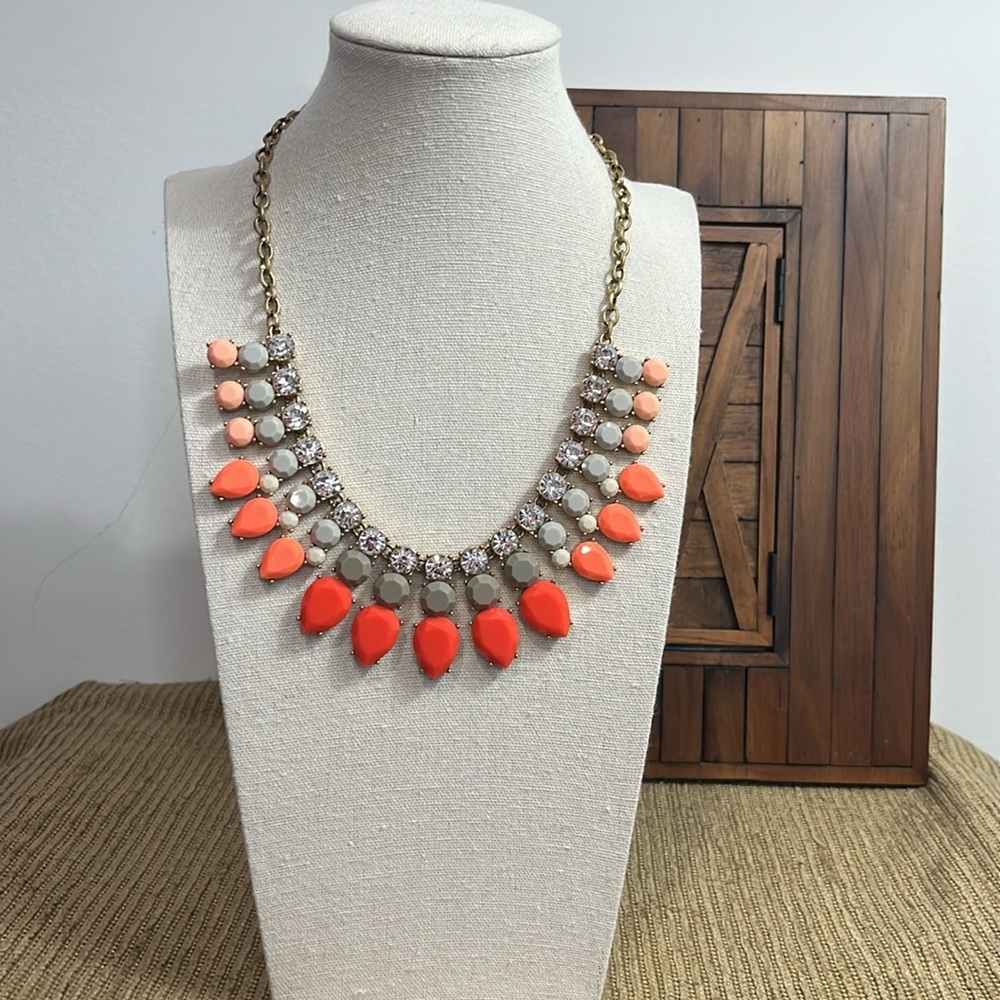 J Crew Coral and Gray Crystal Rhinestone Statement Necklace